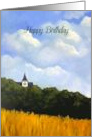 Happy Birthday Religious with Painting of Country Scene Church Steeple card