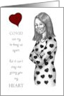 COVID Valentine’s Day Woman With Mask and Heart Covered Dress card