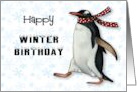 Happy Winter Birthday with Penguin Wearing Scarf and Snowflakes card