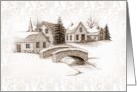 Any Occasion Blank Inside Drawing of Stone Bridge and Quaint Village card