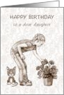 Happy Birthday to Dear Daughter With Girl Watering Flowers and Cat card