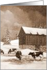 Any Occasion Blank Inside Cows in Snow With Old Barn Sepia Painting card