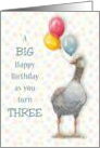 Happy Third Birthday Turning Three with Goose Holding Balloons card