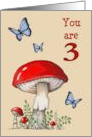 Happy Third Birthday Turning Three Red Mushrooms and Butterflies card
