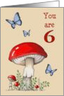 Happy Sixth Birthday Turning Six with Red Mushrooms and Butterflies card