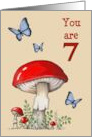 Happy Seventh Birthday Turning Seven Red Mushrooms and Butterflies card