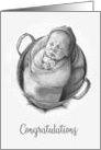 New Baby Congratulations Swaddled Infant in a Tub Pencil Drawing card