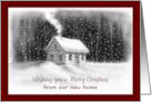 Merry Christmas from our New Home Drawing of Cabin in Woods and Snow card