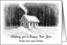 Happy New Year from our New Home Drawing of Cabin in Woods and Snow card