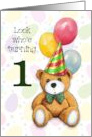 Happy First Birthday Turning One Teddy Bear with. Balloons Party Hat card