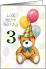 Happy Third Birthday Turning Three with Cute Teddy Bear and Balloons card