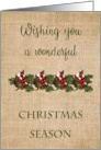 Rustic Christmas Greetings With Holly and Berries on Burlap Background card