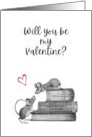Be My Valentine General with Cute Mice on Books Pencil Illustration card