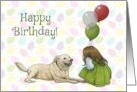 Happy Birthday General with Dog and Girl and Balloons Illustration card