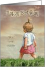 Toddler Birthday with Cute Little Girl Striding Through Long Grass card