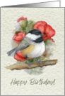 General Birthday with Watercolor Chickadee and Poppy Flowers Art card