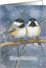 Merry Christmas with Chickadee Couple on Branch and Snow Falling card