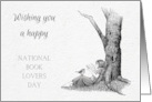 Happy Book Lovers Day with Drawing of Girl Reading Under Tree card