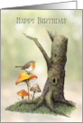 General Happy Birthday with Illustration of Robin Toadstools and Tree card