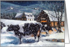 Snowy Winter Evening With Holstein Cows Barn Country Christmas card