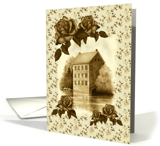 Blank Inside Vintage Look Sepia Art With Old Stone Mill and Roses card