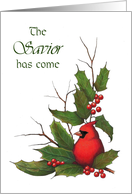 Christmas, Savior Has Come: Holly, Berries, Cardinal, Original Art card