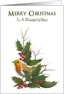 Merry Christmas To Wonderful Boss: Holly, English Robin, Original Art card