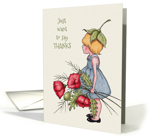 General Thank You, Little Girl with Red Poppies, Color Pencil Art card