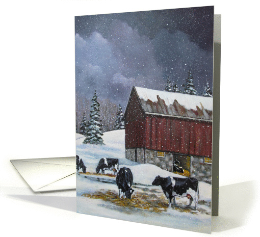 Holstein Cows in Snow, Old Red Barn: Painting, Blank card (1417466)