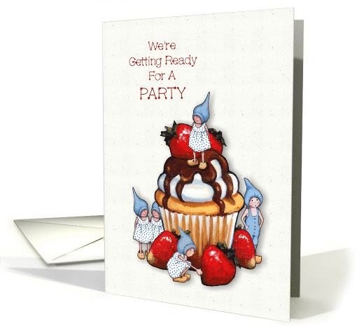 Party Invitation, Gnome Children With Large Cupcake, Fantasy Art card