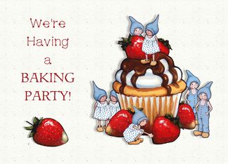 Baking Party Invitation, Gnome Children With Large Cupcake, Art