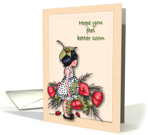 Get Well, Feel Better Soon, Illustration of Girl with Red Poppies card