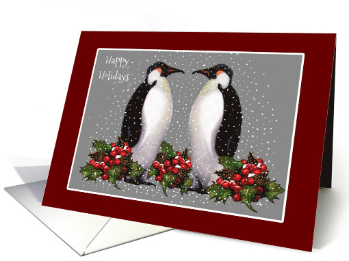 Happy Holidays, Two Penguins with Holly Leaves and Berries, Snow card