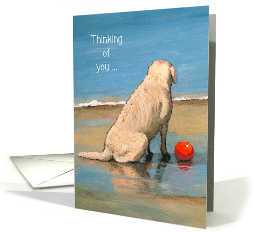 Thinking of You, Dog on Beach, Red Ball, Painting, Encouragement card