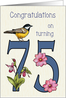 Seventy-fifth Birthday with Number 75 Decorated with Bird and Flowers card