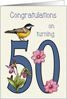 Fiftieth Birthday With Number Fifty Decorated With Bird and Flowers card