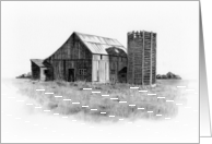 Old Barn With Wooden Silo Pencil Drawing, All Occasion, Country Scene card