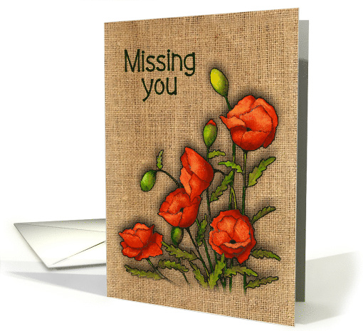 Coronavirus Missing You, Isolation, Red Poppies Burlap Background card