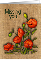 Coronavirus Missing You, Isolation, Red Poppies Burlap Background card