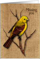 Coronavirus Missing You, Isolation, Yellow Bird, Burlap Background card
