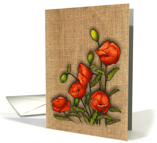 All Occasion, Red Poppies on Burlap, Blank Inside Floral Art card
