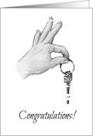 Congratulations On Your New Home, Hand Holding a Key, Pencil Art card