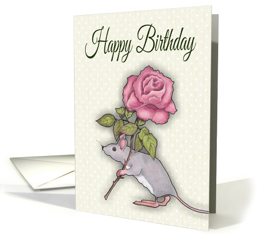 Happy Birthday, General, Mouse with Pink Rose, Tiny Dots,... (1624978)