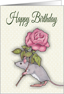 Happy Birthday, General, Mouse with Pink Rose, Tiny Dots, Floral Art card