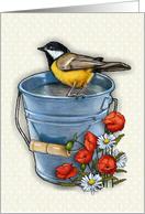 Blank, All Occasion, Bird on Pail, Poppies and Daisies, Flowers, Art card