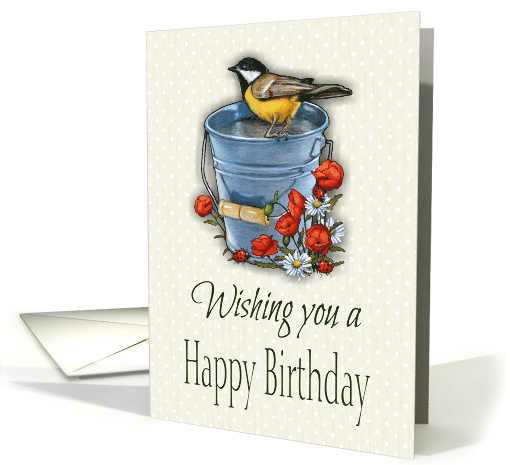 Happy Birthday Gardener, Bird on Pail, Poppies Daisies,... (1625190)