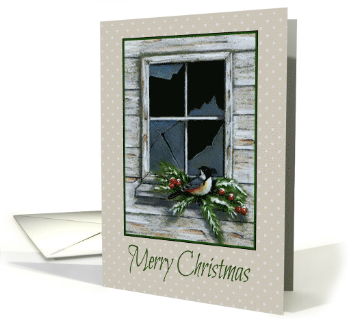 Merry Christmas, Rustic Broken Window, Bird on Pine... (1626908)