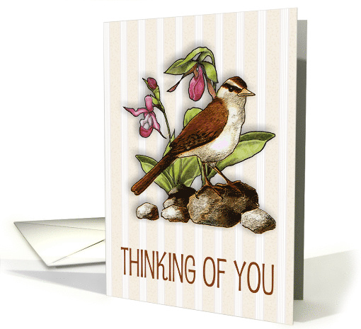 Thinking of You, General, Sparrow with Ladyslipper Flowers card