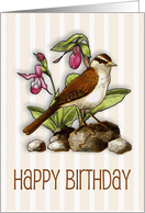 Happy Birthday General, Sparrow with Ladyslipper Flowers, Bird card