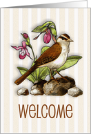 Welcome to our Church, Sparrow with Ladyslipper Flowers, Bird card